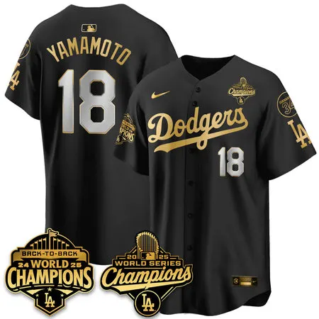 Men's Los Angeles Dodgers #18 Yoshinobu Yamamoto Black 2025 World Series Champions Jersey