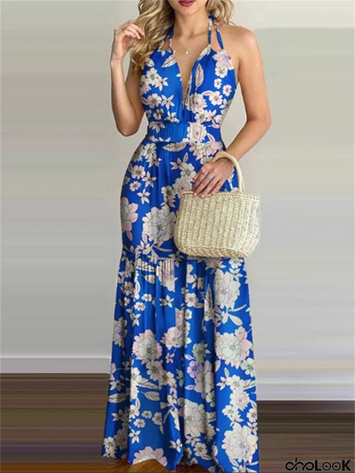 Print Backless High Waist Sleeveless Dress