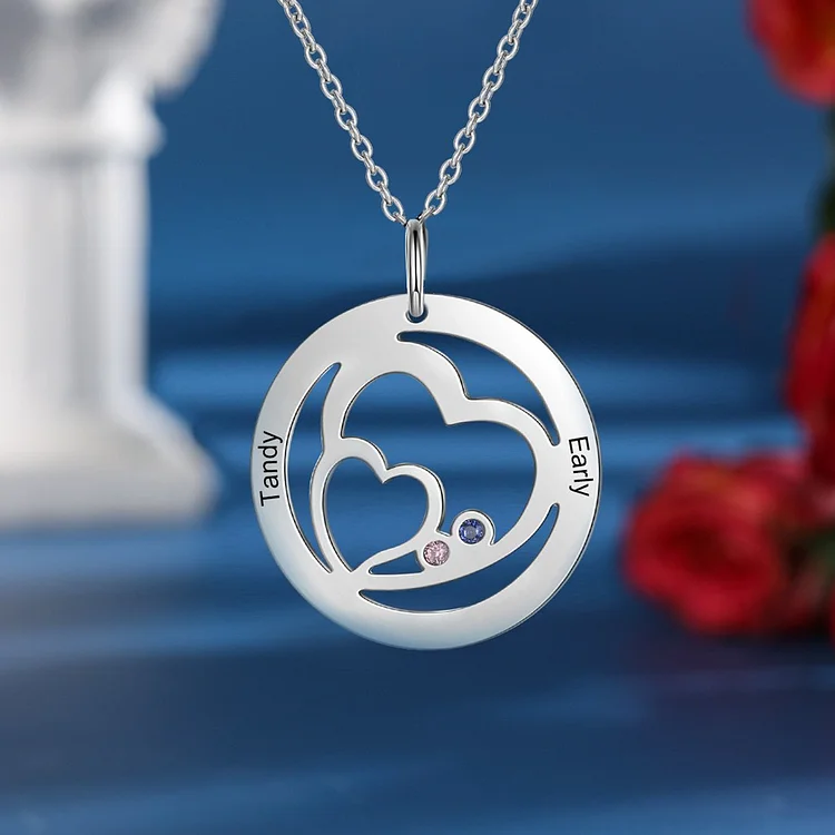 Collar de corazón grabado personalizado con 2 piedras de nacimiento 2 nombres