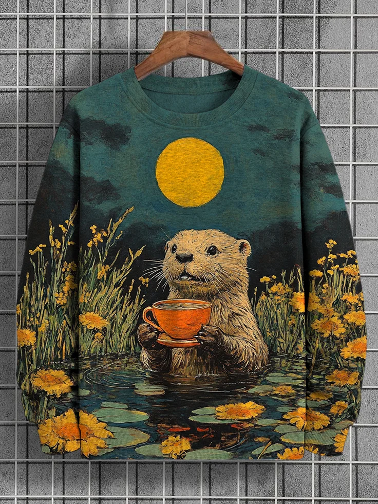 Men's Full Moon Scenery Otter Drinking Tea Oil Painting Print Casual Sweatshirt