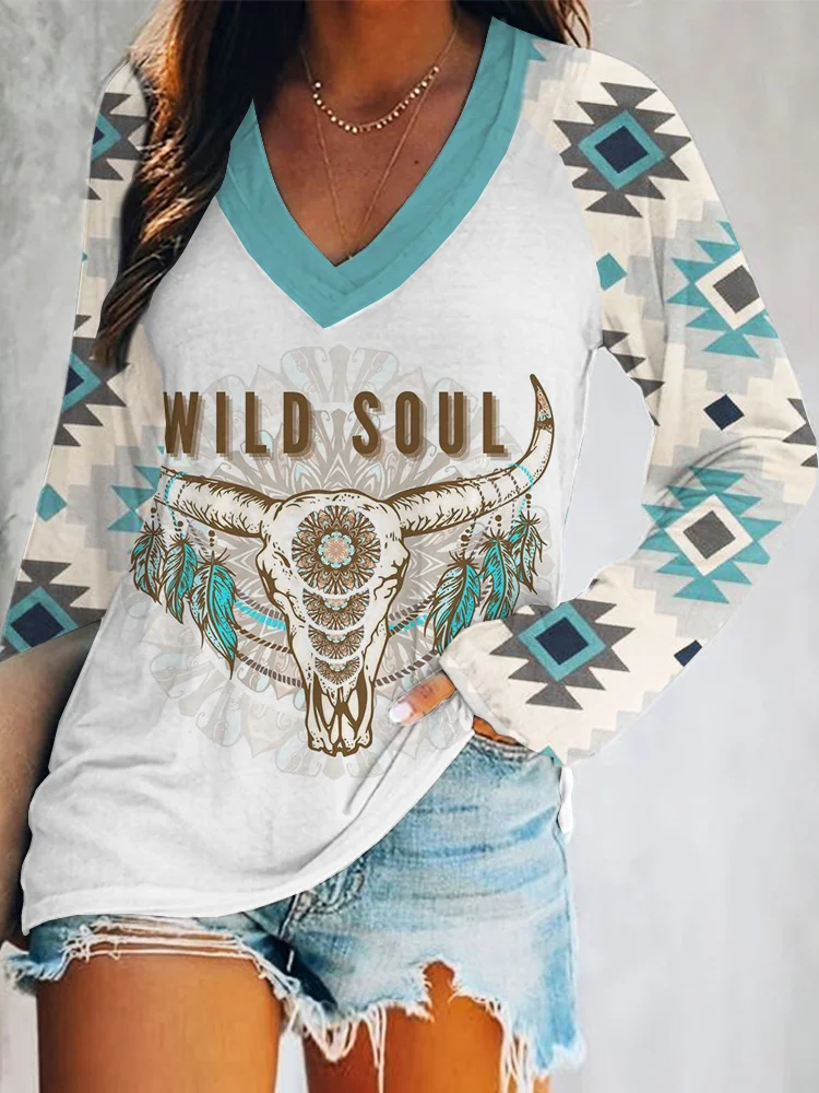 Western Wild Soul Print V Neck Long Sleeve T Shirt