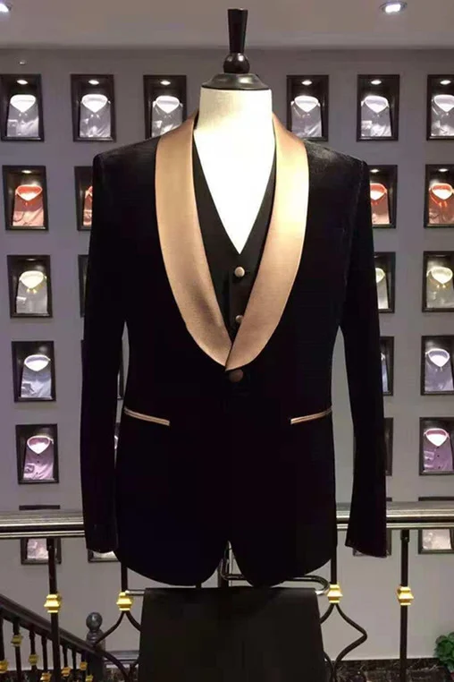 Popular Black Wedding Suit With Champagne Shawl Lapel For Men's Party