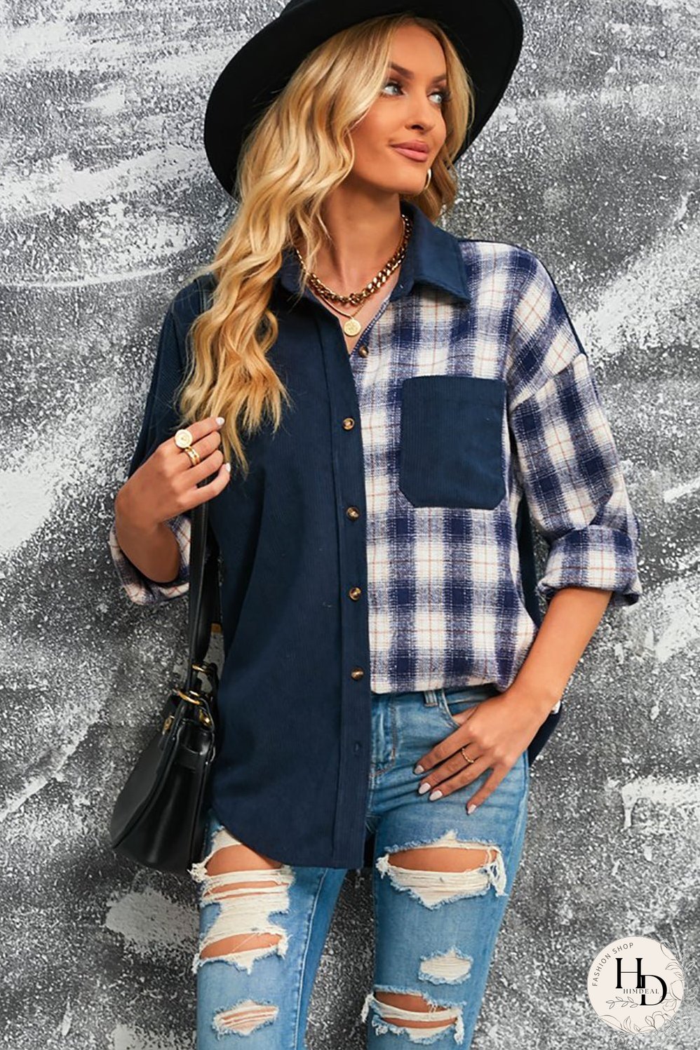 Double Take Plaid Color Block Dropped Shoulder Corduroy Shacket