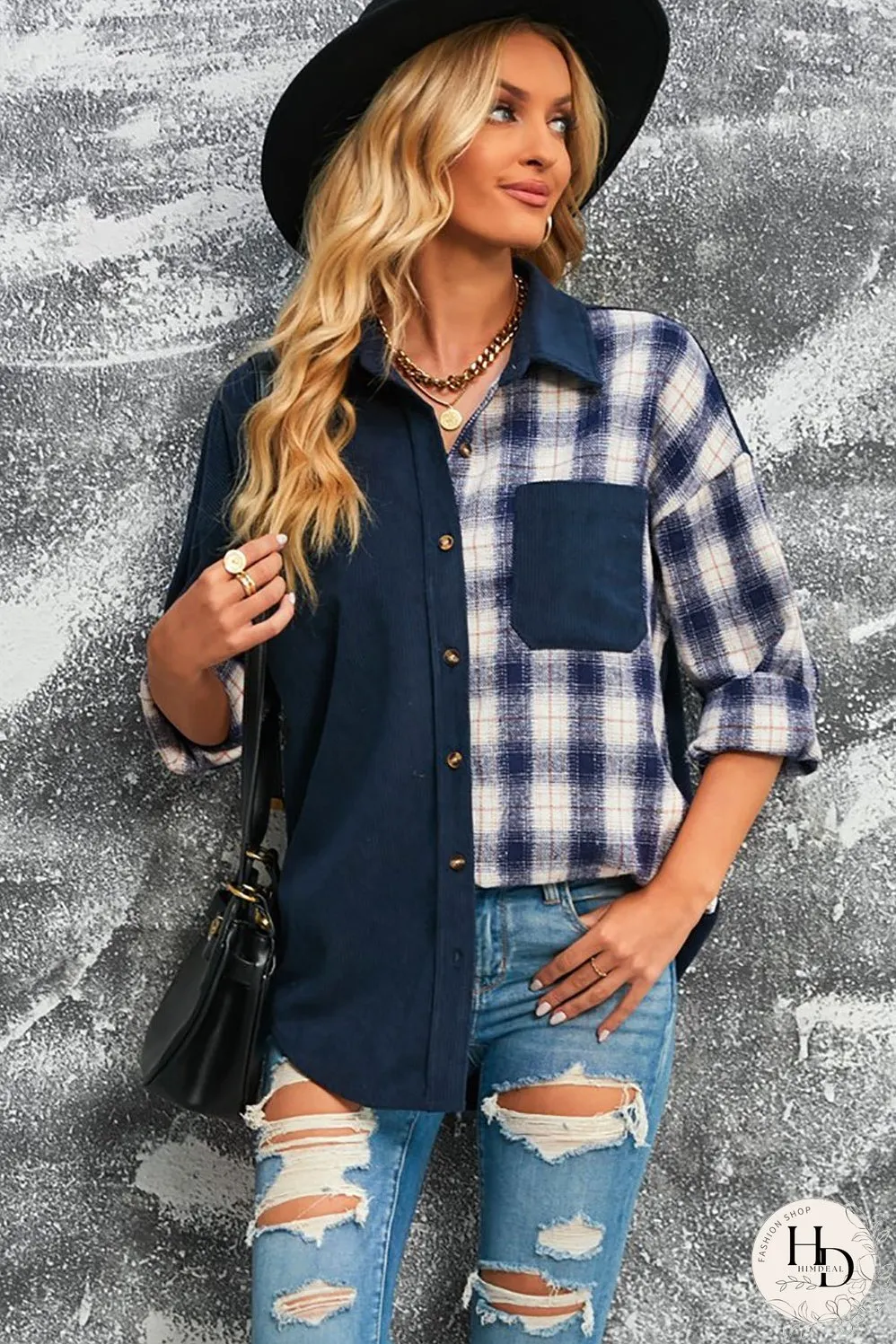 Double Take Plaid Color Block Dropped Shoulder Corduroy Shacket