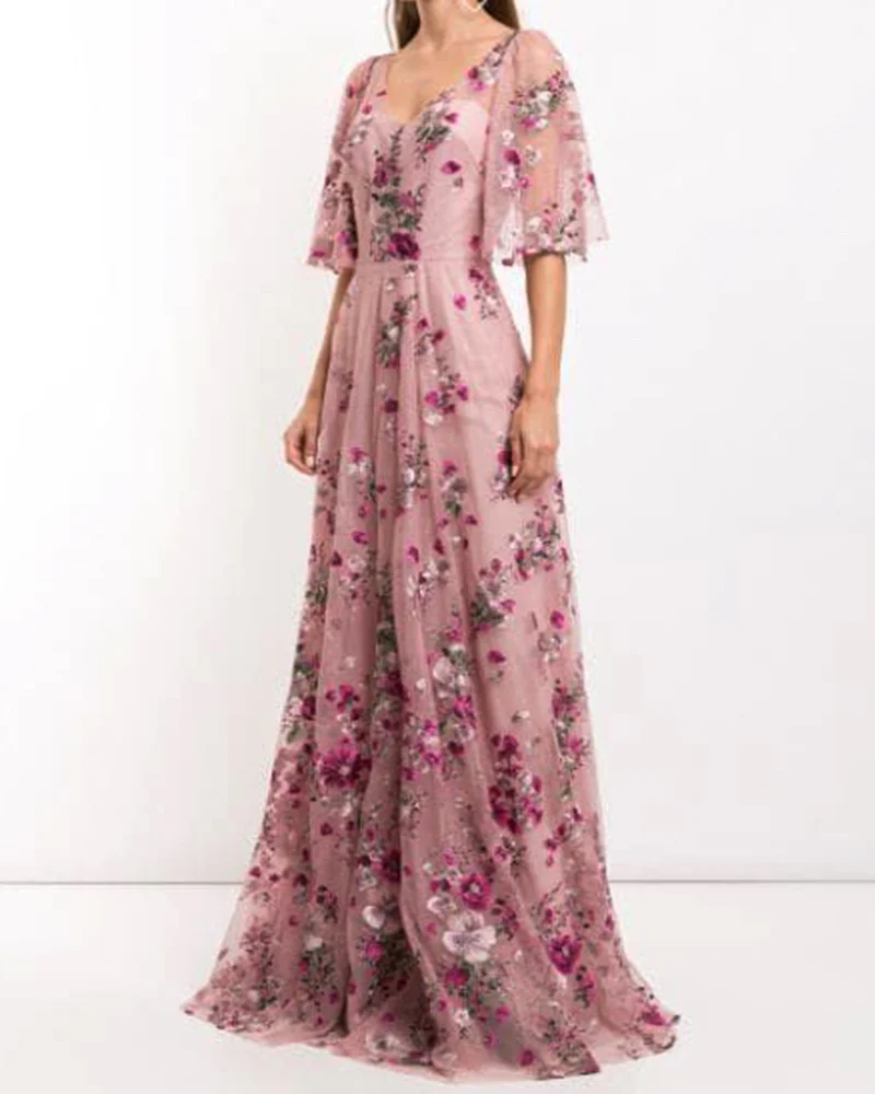 Gown mesh cape 3D embroidered maxi dress
