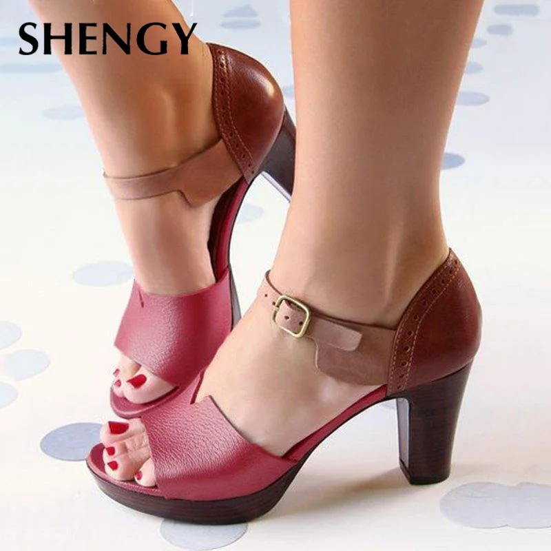 2019 Chunky Heel Women Sandals Summer Vintage Ankle Strap Elegant Ladies Shoes High Heel Peep Toe Leather Female Sandals Pumps