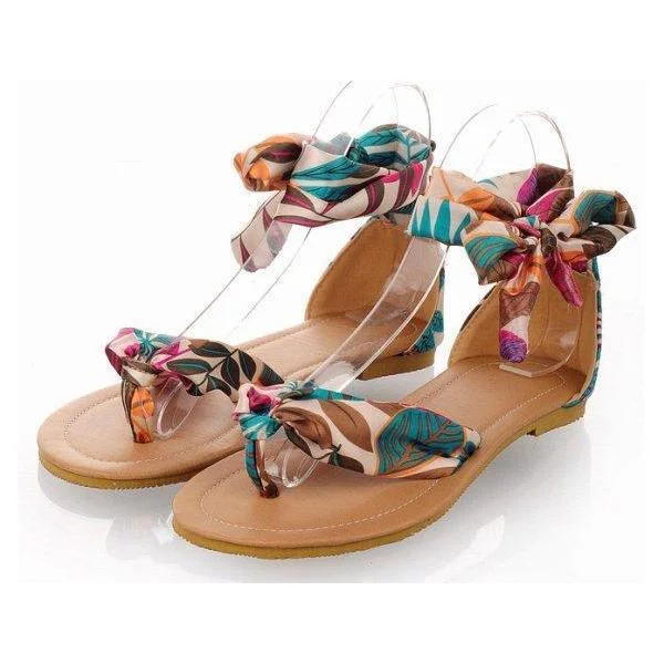Women Flat flip-flop Sandals Soft Casual Flower Print Ankle Strap Sandals