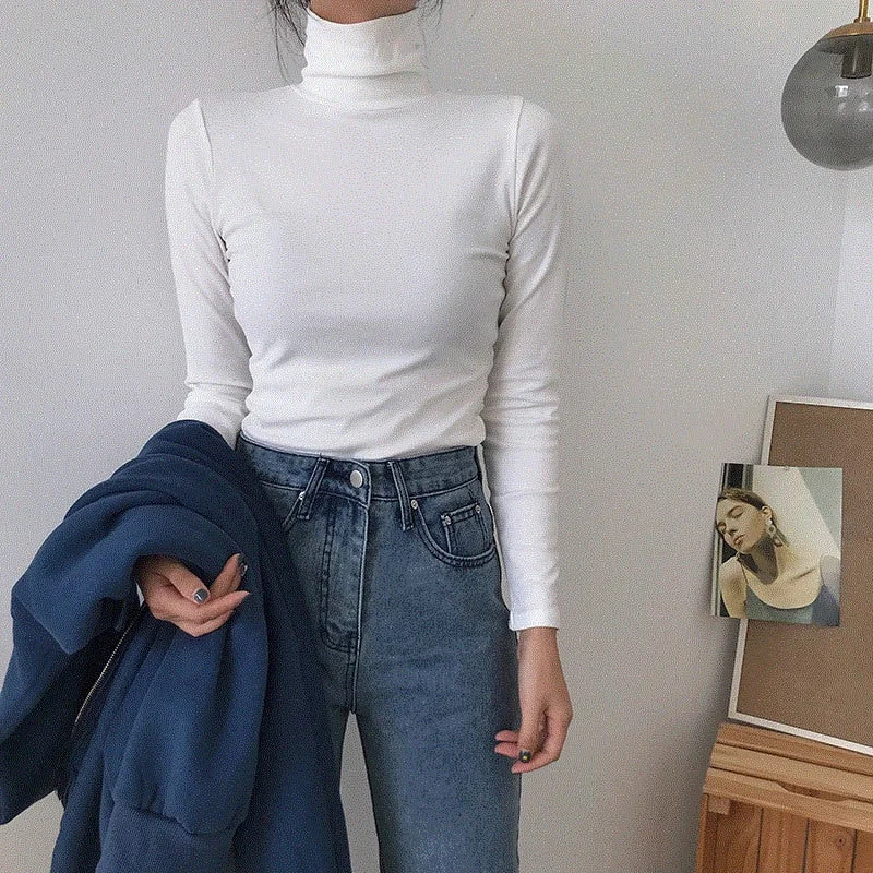 Spring Long Sleeve Turtleneck Tops Slim Knitted Bottoming T Shirt Korean Fashion Sweater Harajuku Pullover Women Clothing Jumper