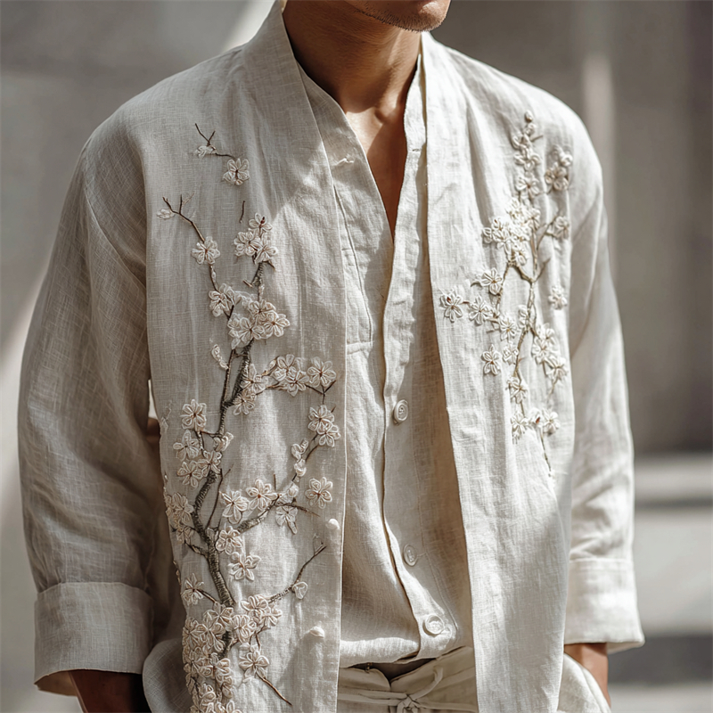 Men's White Almond Blossom Embroidered Linen Kimono Cardigan  artssus
