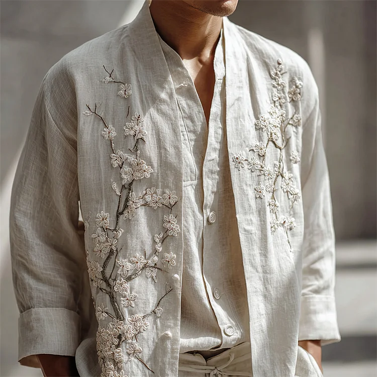 Men's White Almond Blossom Embroidered Linen Kimono Cardigan