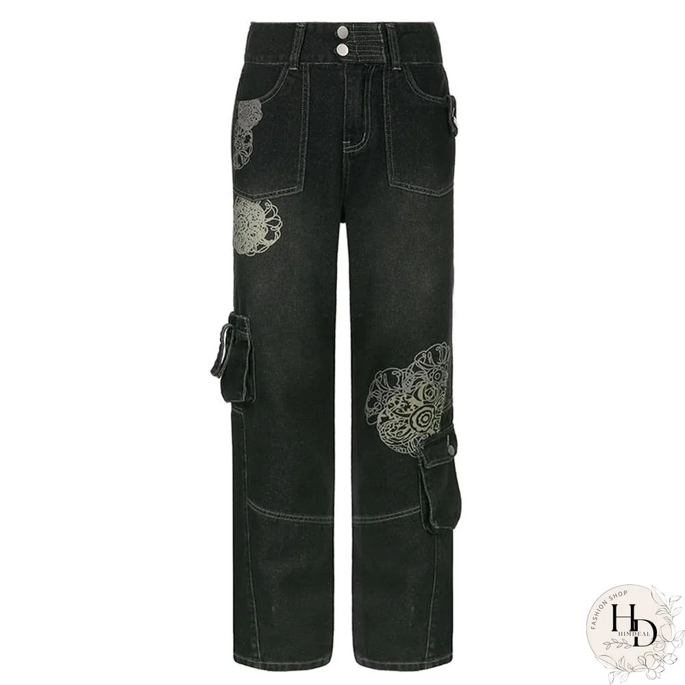 Weekeep Women Streetwear Denim Pants Vintage Print High Waist Baggy Mom Jeans Harajuku Grunge Oversized Wide Leg Trousers Casual