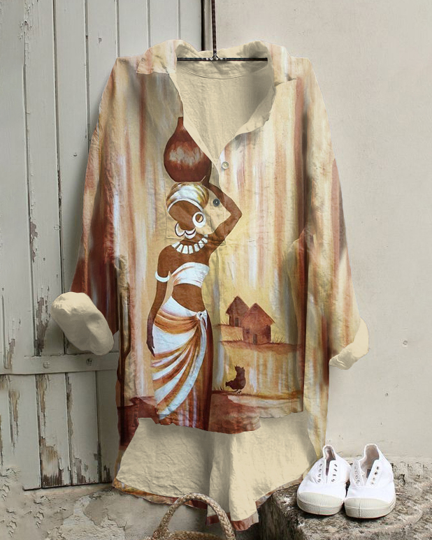 Vintage Tribal Working Women Oil Painting Cotton And Linen Tunic Shirt