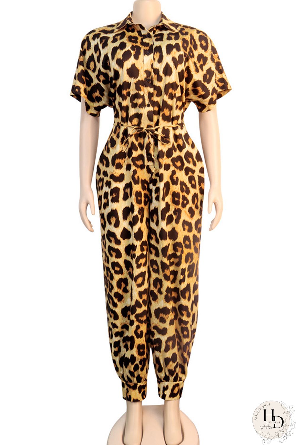 Yellow Sexy Leopard grain bandage Long Sleeve Turndown Collar Jumpsuits