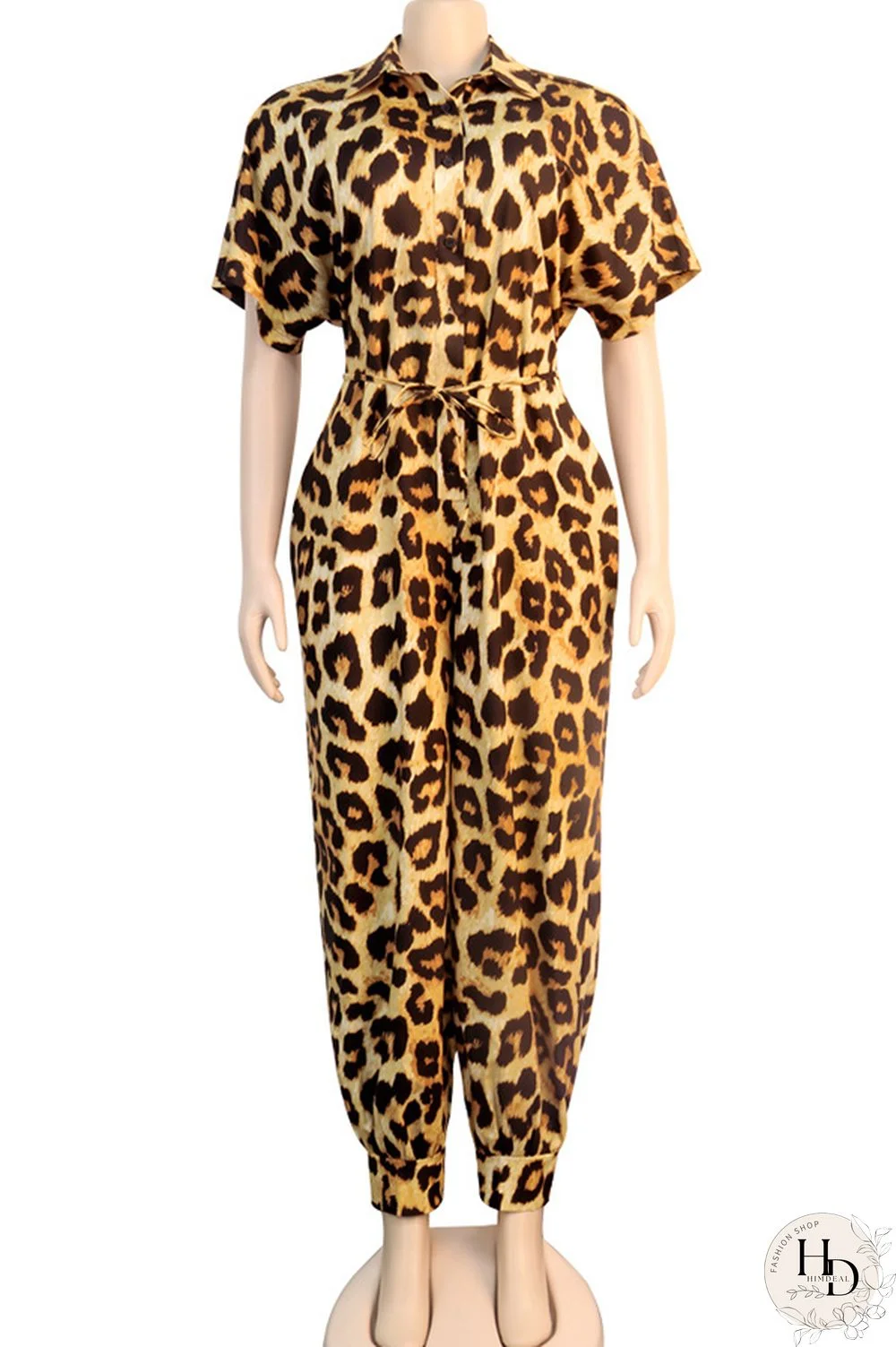 Yellow Sexy Leopard grain bandage Long Sleeve Turndown Collar Jumpsuits