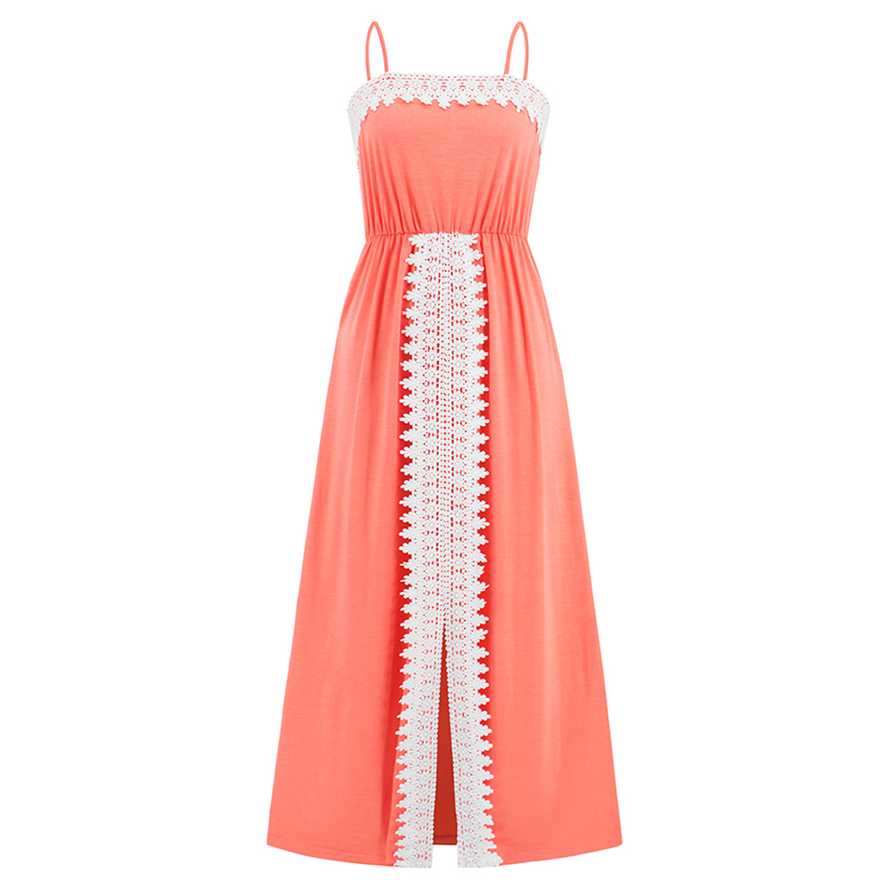 Pink Spliced Lace Trim Spaghetti Straps Dress