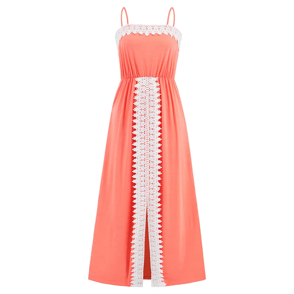 Pink Spliced Lace Trim Spaghetti Straps Dress