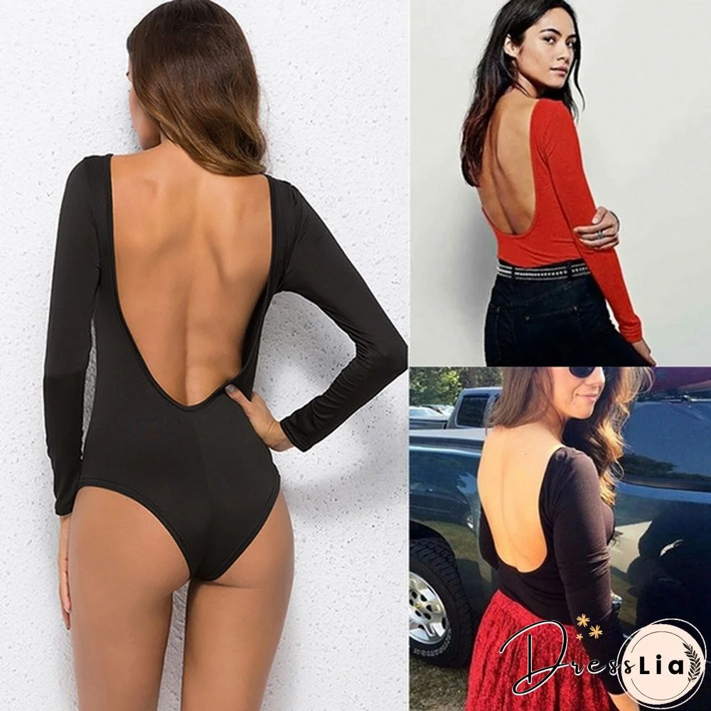 Women Long Sleeve Sexy Backless Jumpsuit Long Sleeve Bodysuit Stretch Leotard Top