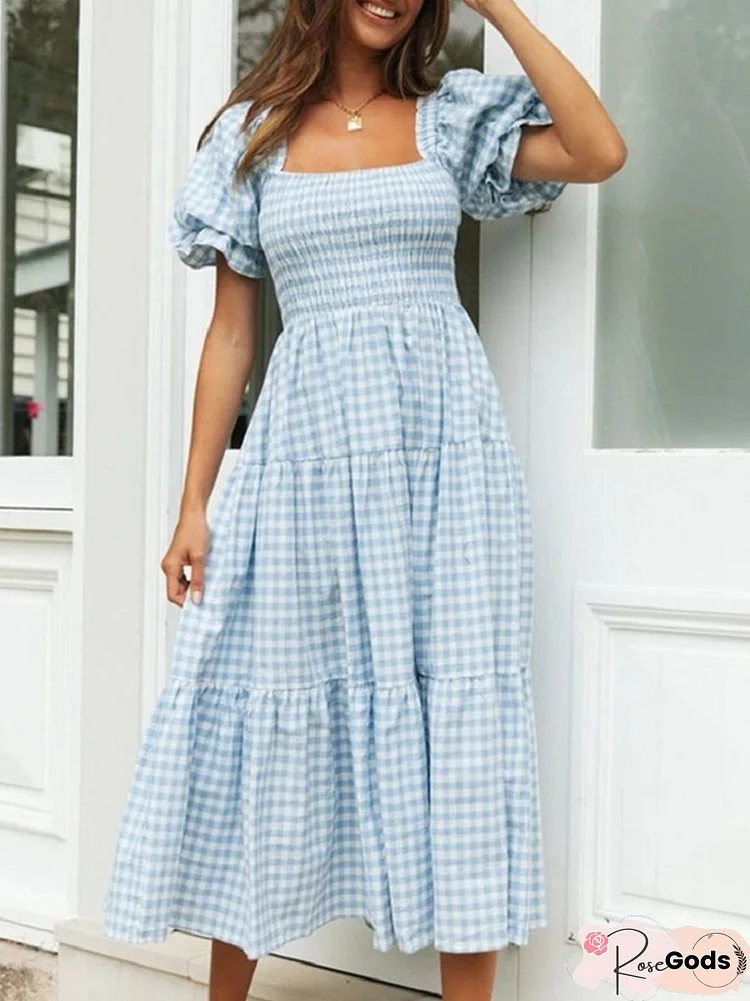 Plaid Bubble Sleeve Dress