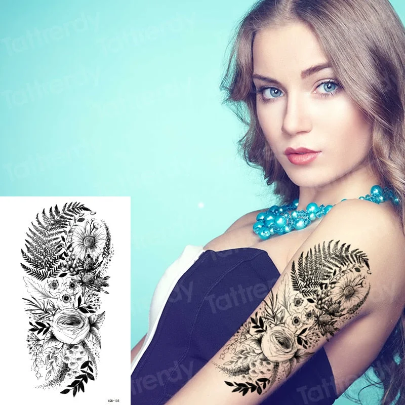 Snake Flower Rose Waterproof Temporary Tattoo Sticker Flash Tattoo Lace Fox Lion Body paint Arm Fake Sleeve Tattoo Women Mermaid