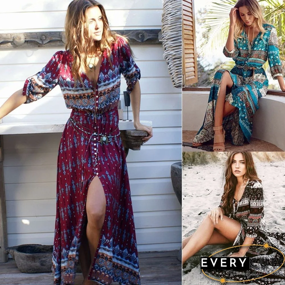 Women new Bohemian printing long dress women long dress floral print retro hippie chic clothing boho dress