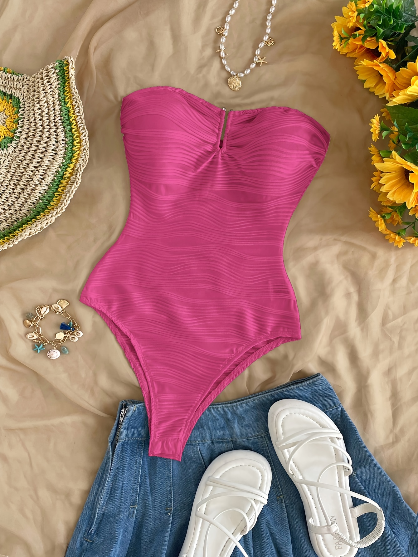 Women's Sexy Off-Shoulder Ruched One-Piece Swimsuit - Vibrant Pink Fitted Mini Beach Swimsuit, Machine Washable Summer Swimwear For Pool & Vacation, Seaside Apparel, Wet Look Style, Textured Fabric | IFYHOME