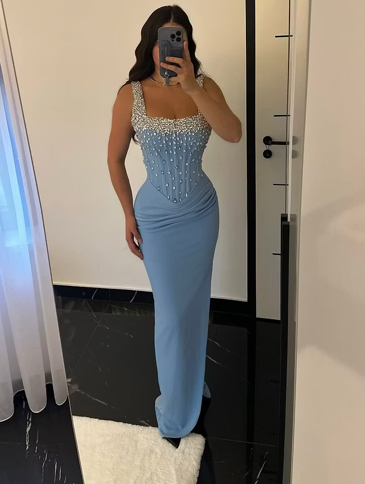 Lussooy Elegant Blue Square Sleeveless Rhinestone Pleated Evening Dress