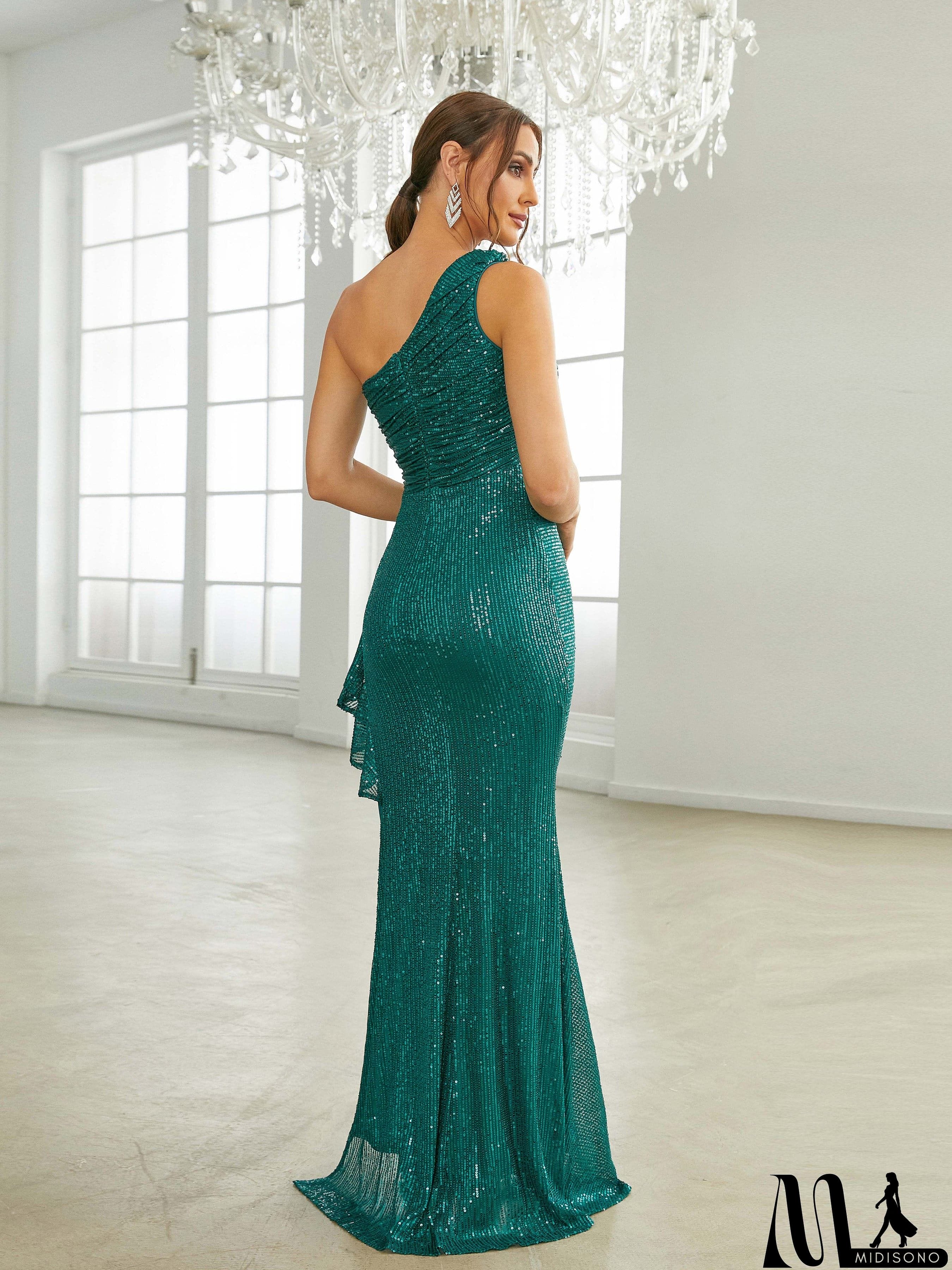 MidiSono - One Shoulder Ruched Emerald Green Sequin Prom Dress RA60005