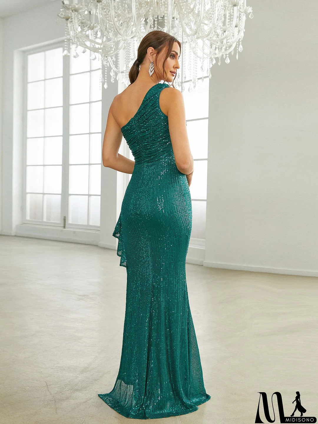 MidiSono - One Shoulder Ruched Emerald Green Sequin Prom Dress RA60005