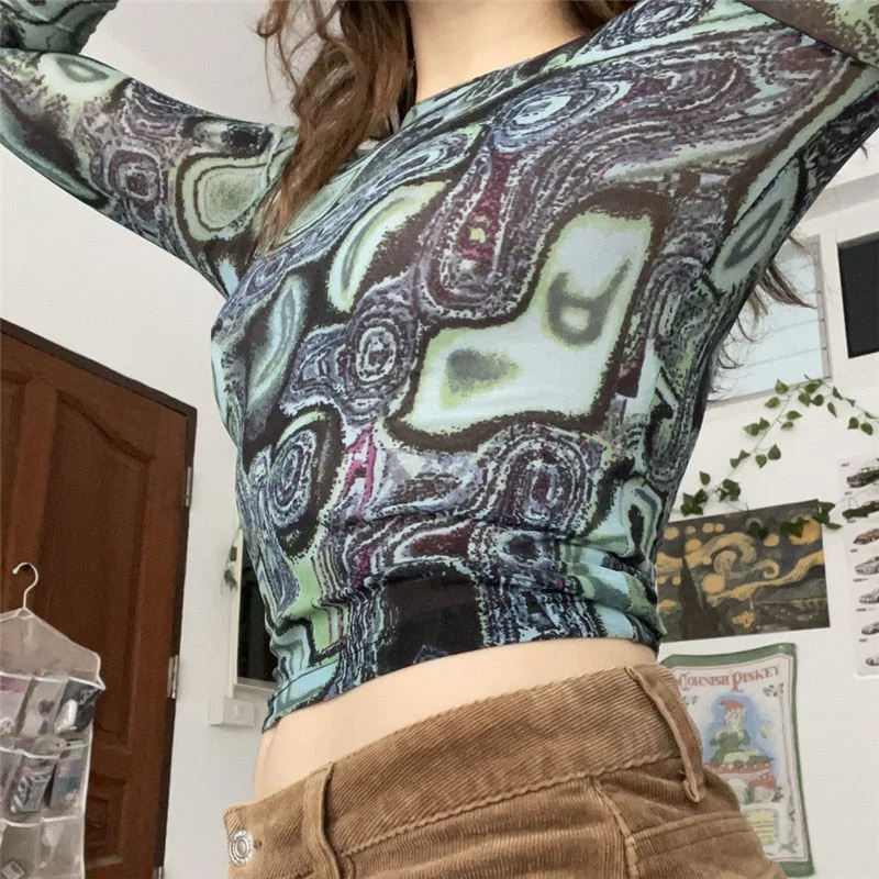 2021 Fairy Grunge Shirt Basic Mesh Print Top Women E Girl Gothic Punk Style T-shirts Tees Clothes Street Tops Womens Clothing