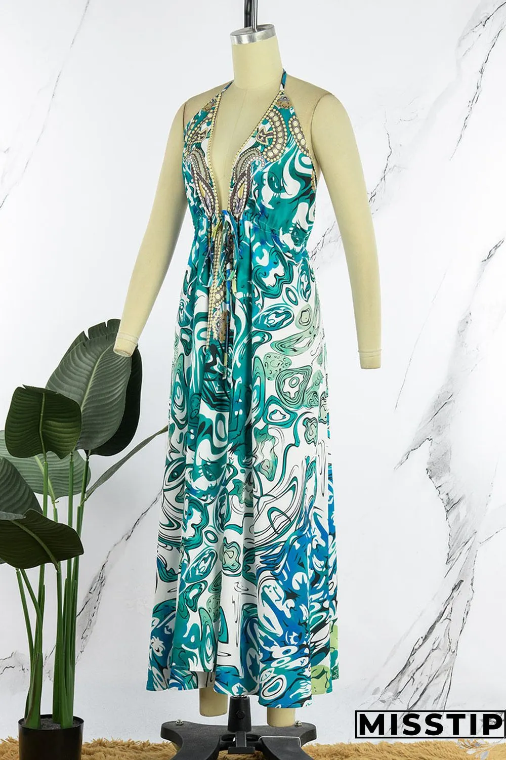 Colour Sexy Vacation Print Patchwork Backless Halter A Line Dresses