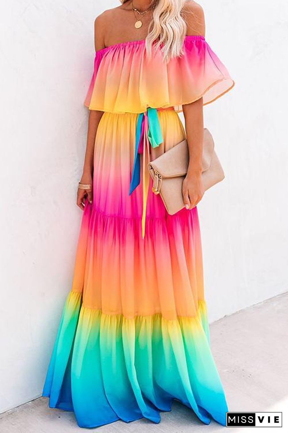 Gradient Off Shoulder Belted Maxi Dress