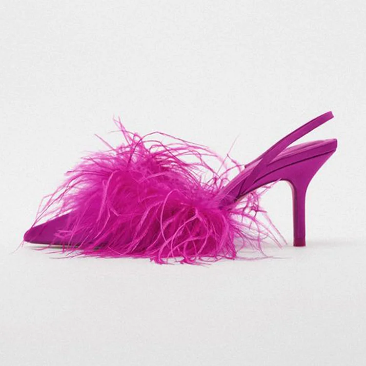 Fuchsia Satin Slingback Pumps Pointed Toe Feather Stiletto Heels |FSJ Shoes