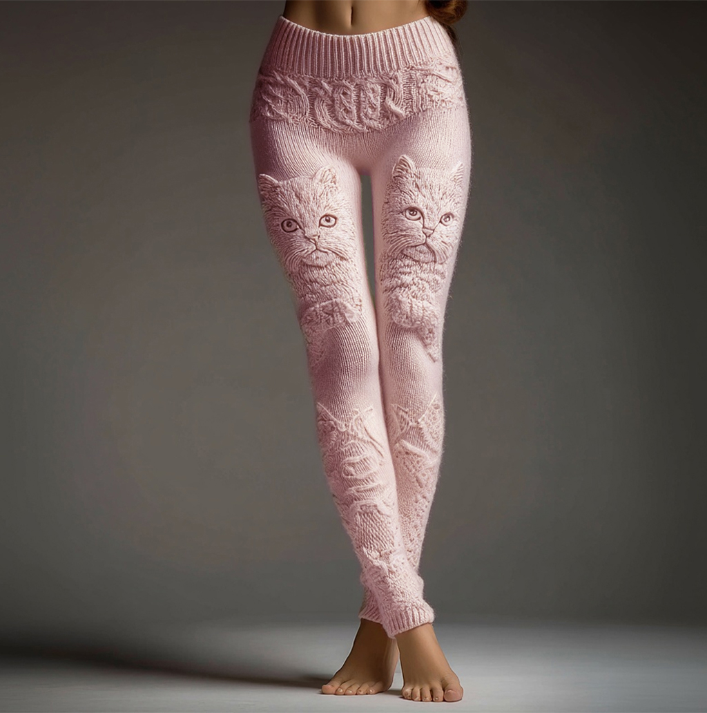 Cute Fuzzy Cat Embroidered Cozy Knit Leggings elevenforest