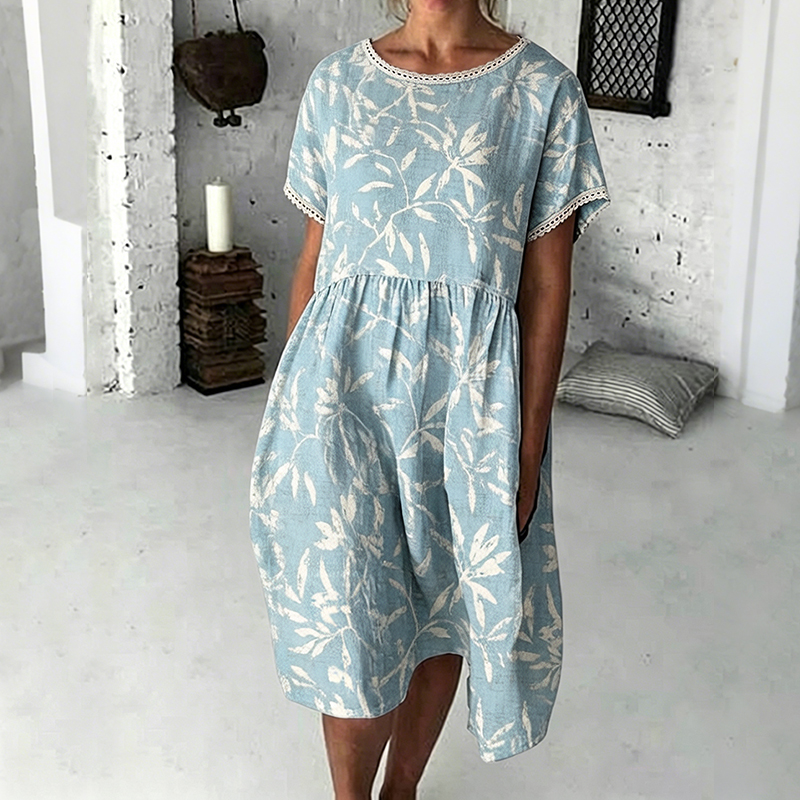 Comstylish Women's Vintage Floral Print Comfy Linen Mini Dress