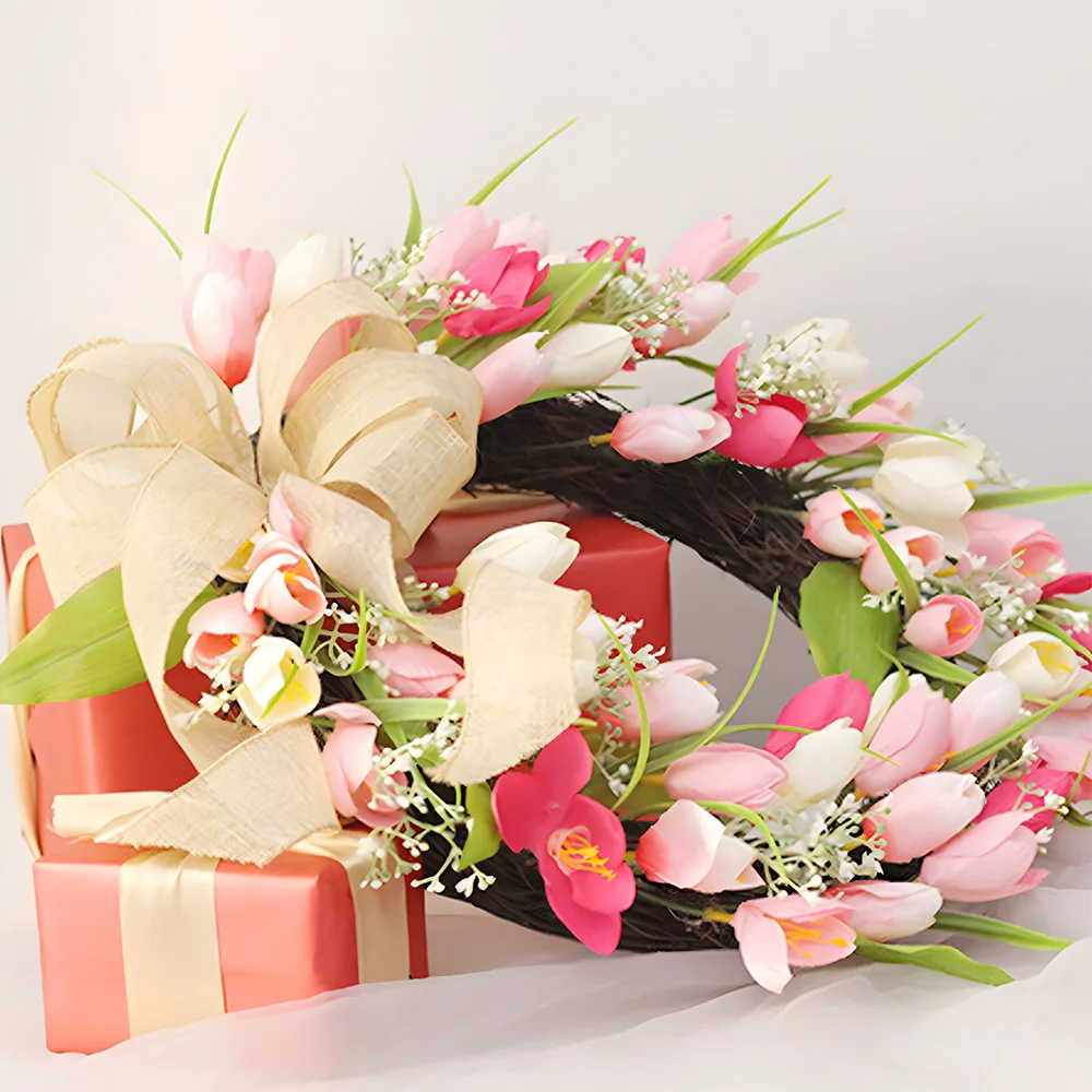 Two Tone Tulip Wreath Ornament  Door Hanging for Valentine's Day and Easter 