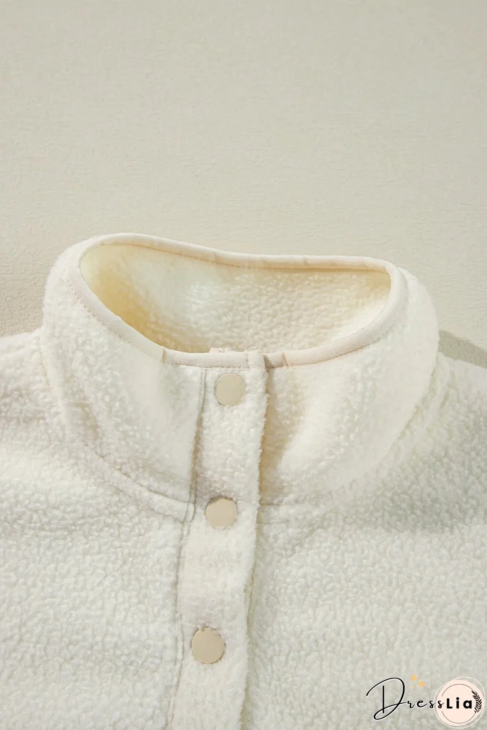 White Fleece Placket Turn-down Collar Drop Shoulder Sweatshirt