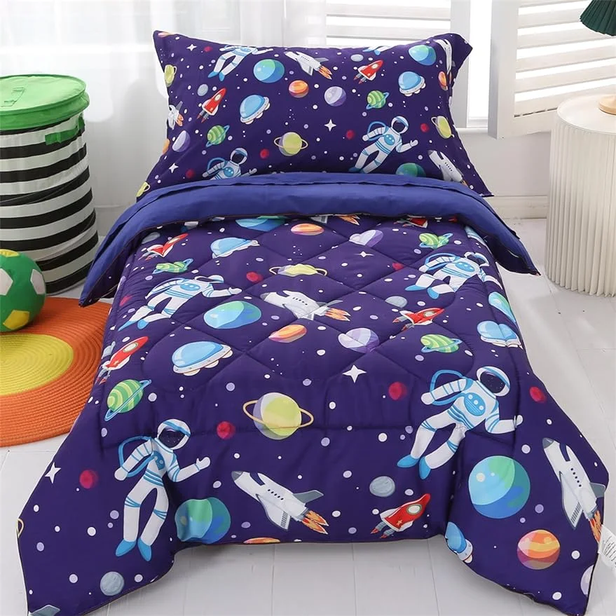 Space Toddler Bedding Sets for Boys Girls Blue Outer Space Toddler Bed Set Astronaut Galaxy Toddler Comforter Set Super Soft and Comfortable for Toddler