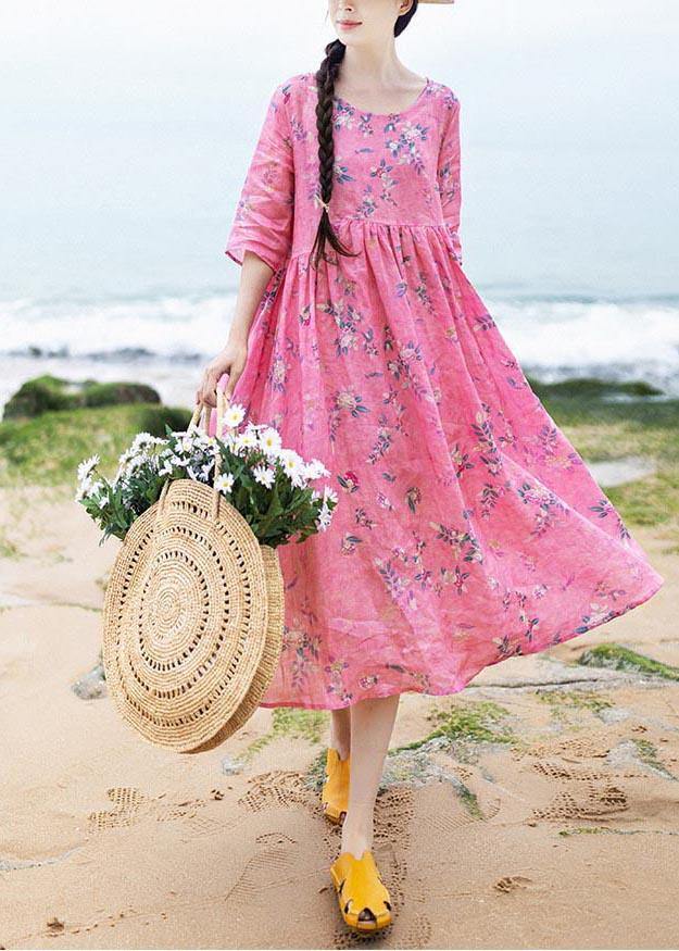 VCSHOES Rose Print Cinched Pockets Maxi Summer Linen Dress