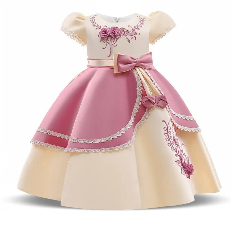 2021 Formal Kids Vintage Embroidery Dress For Girl Children Costume Prom Party Princess Dresses Girls Vestido Short Sleeve Gown 1113-1