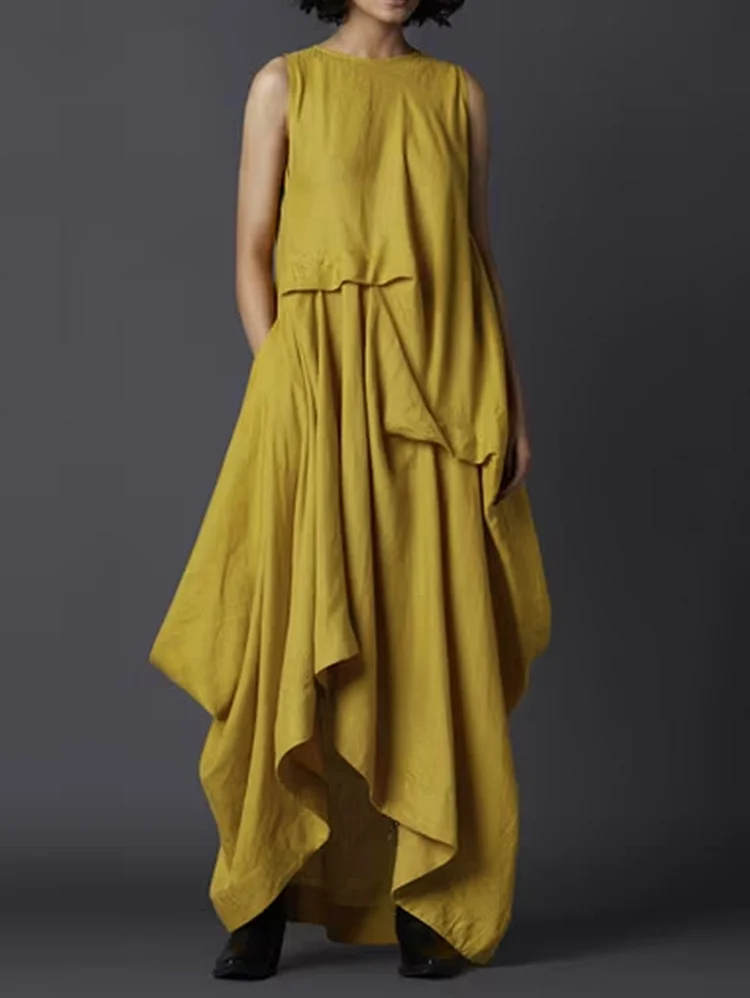 Fashion Plain Crew Neck Sleeveless Irregular Spliced Maxi Tank Dress