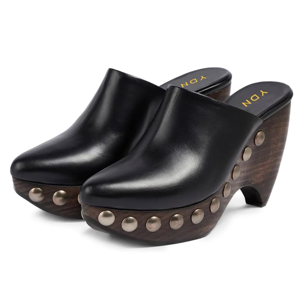 Black Pointed Toe Studded Embellished Sculptural Heel Platform Mules