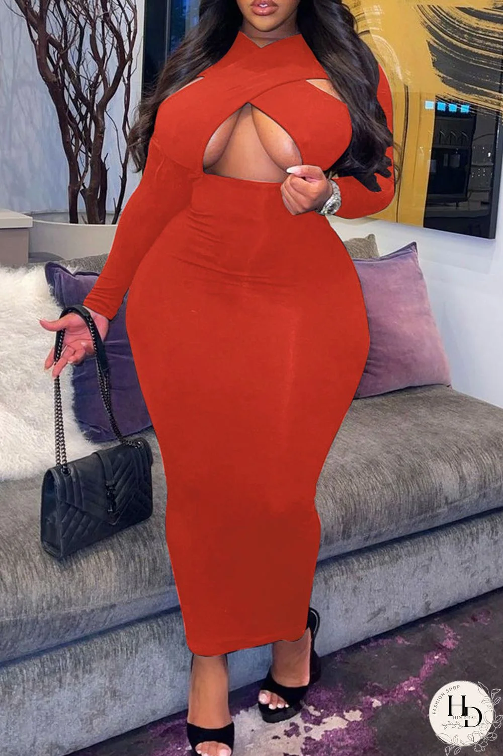 Red Fashion Sexy Solid Hollowed Out V Neck Long Sleeve Plus Size Dresses