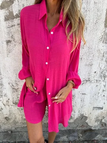 ✨Spring Specials✨Women's Casual Long Sleeve Shirt & Shorts Two-Piece Set
