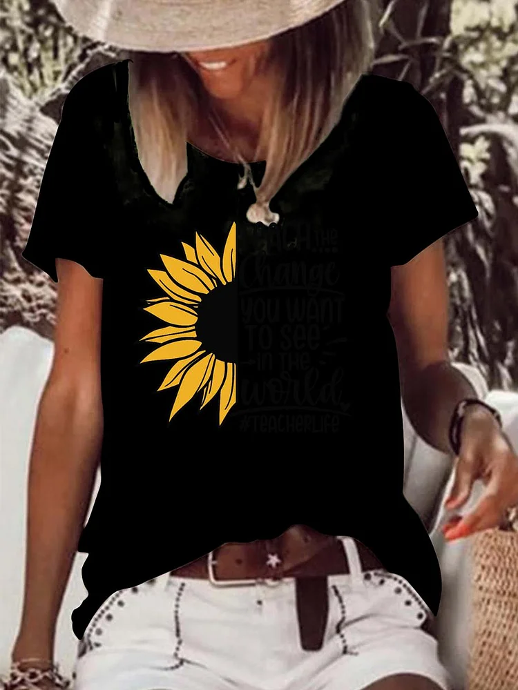 Teacher life sunflower Raw Hem Tee