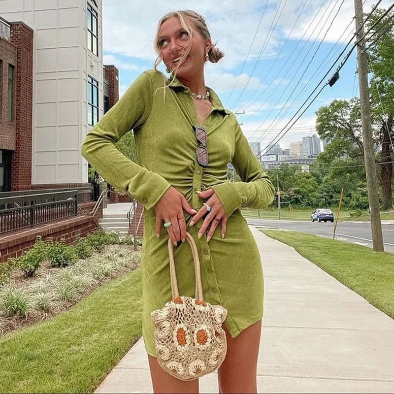 Tossy 2021 Spring Shirt Dress With Ruched Sexy Turn-Down Collar Long sleeve Mini Dress Casual Streetwear Female Designer Dresses