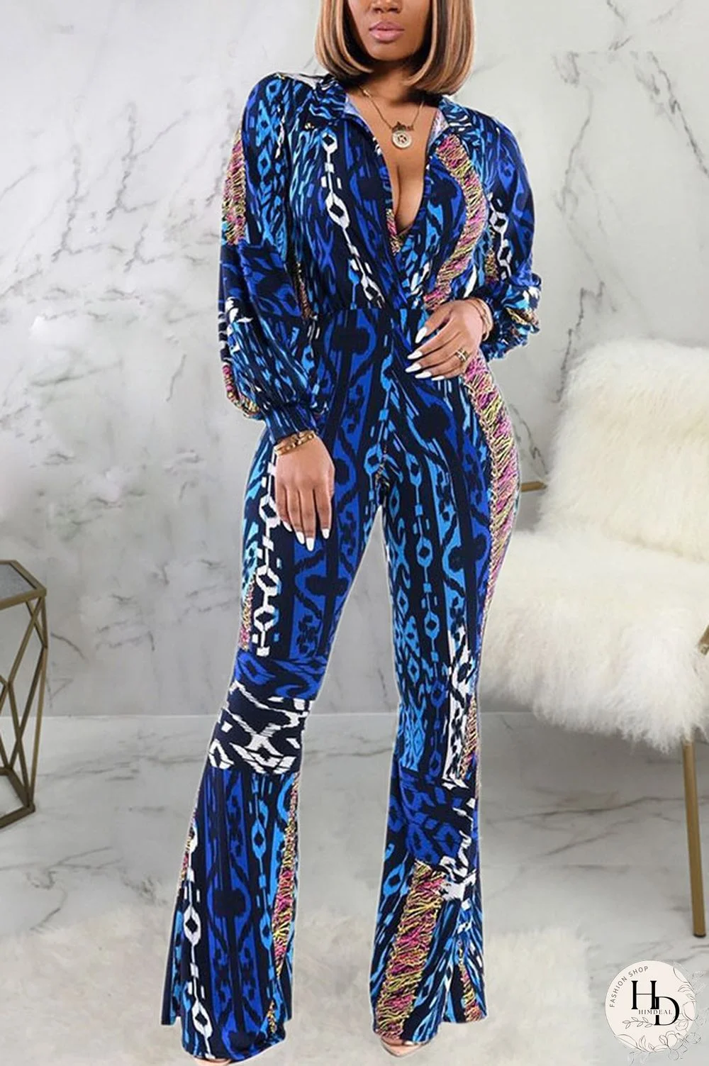 multicolor Fashion Sexy Print Polyester Long Sleeve Turndown Collar Jumpsuits