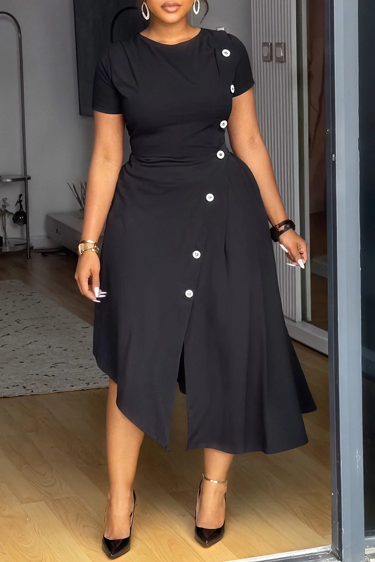 Plus Size Semi Formal Black Round Neck Short Sleeve Asymmetric Hem Elegant Split Midi Dresses [Pre-Order] 2024 - Xpluswear