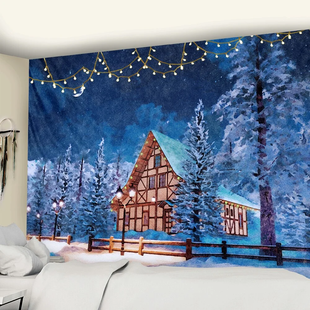 Christmas Village Wooden House Tapestry Ice And Snow Style Wall Hanging Merry Christmas Tapestry For Home Deco Christmas Gift