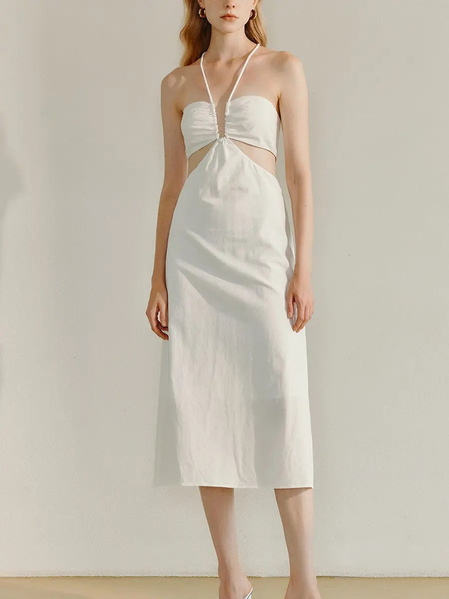 White Simple Halter Neck Hollow Dress