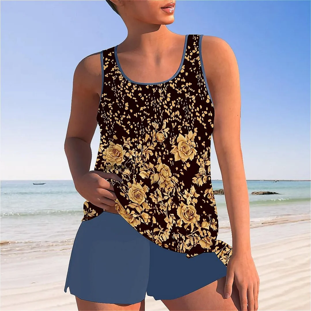 Bowknot Black,Khaki,Floral Mid Waisted Tankini Set - Plus Size Available